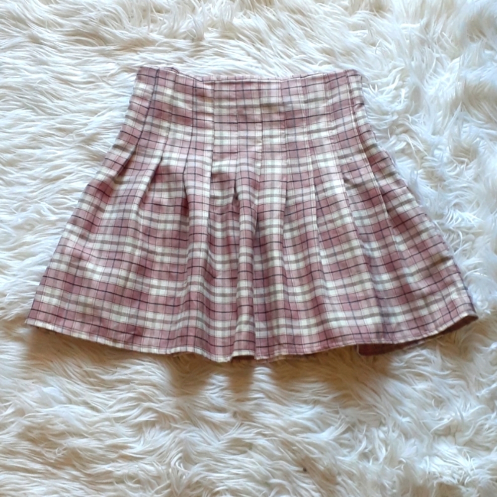 SHEIN Y2K Light Academia Pink & Cream Flannel Plaid Skirt Size Small